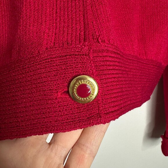 St John Marie Gray Cardigan Size 8 Red Gold Button Front Santana Knit - Picture 4 of 10